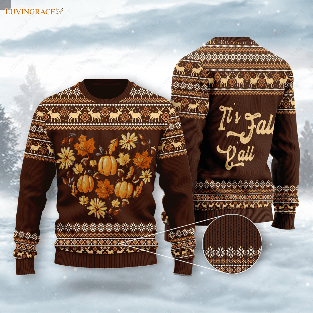Autumn Heart Pumpkin Floral Wool Knitted Pattern Its Fall Yall Ugly Sweater Sweatshirt
