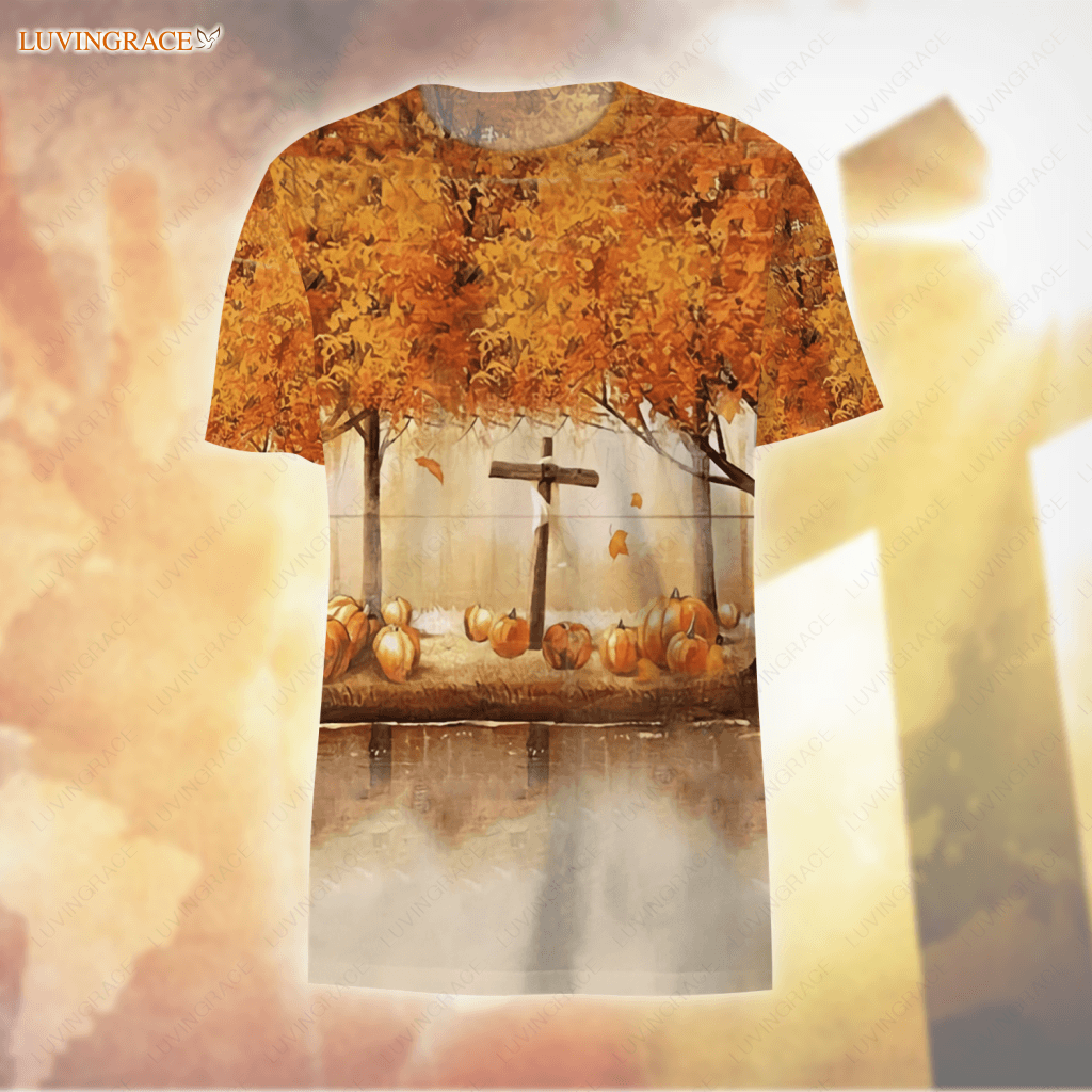 Autumn Maple Cross Fall For Jesus He Never Leaves Hoodie 3D T-Shirt / S