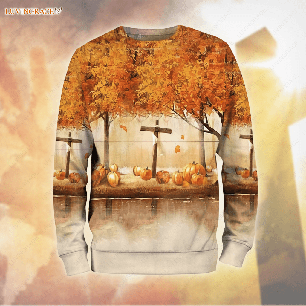 Autumn Maple Cross Fall For Jesus He Never Leaves Hoodie Long Sleeve Tee / S