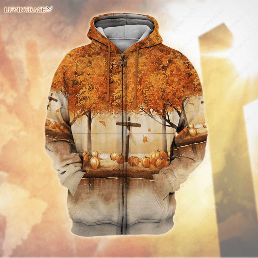 Autumn Maple Cross Fall For Jesus He Never Leaves Hoodie Zipper / S