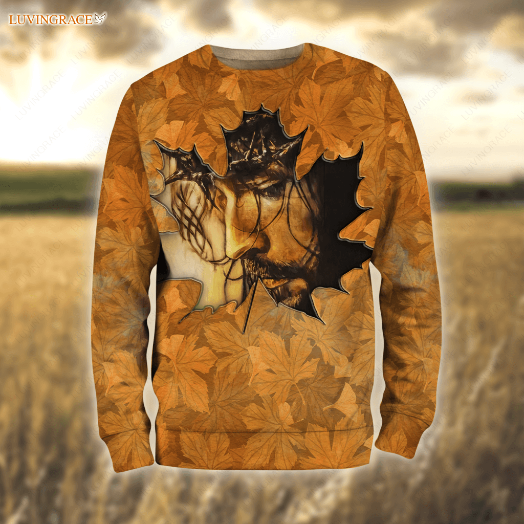 Autumn Maple Fall For Jesus He Never Leaves Hoodie Long Sleeve Tee / S