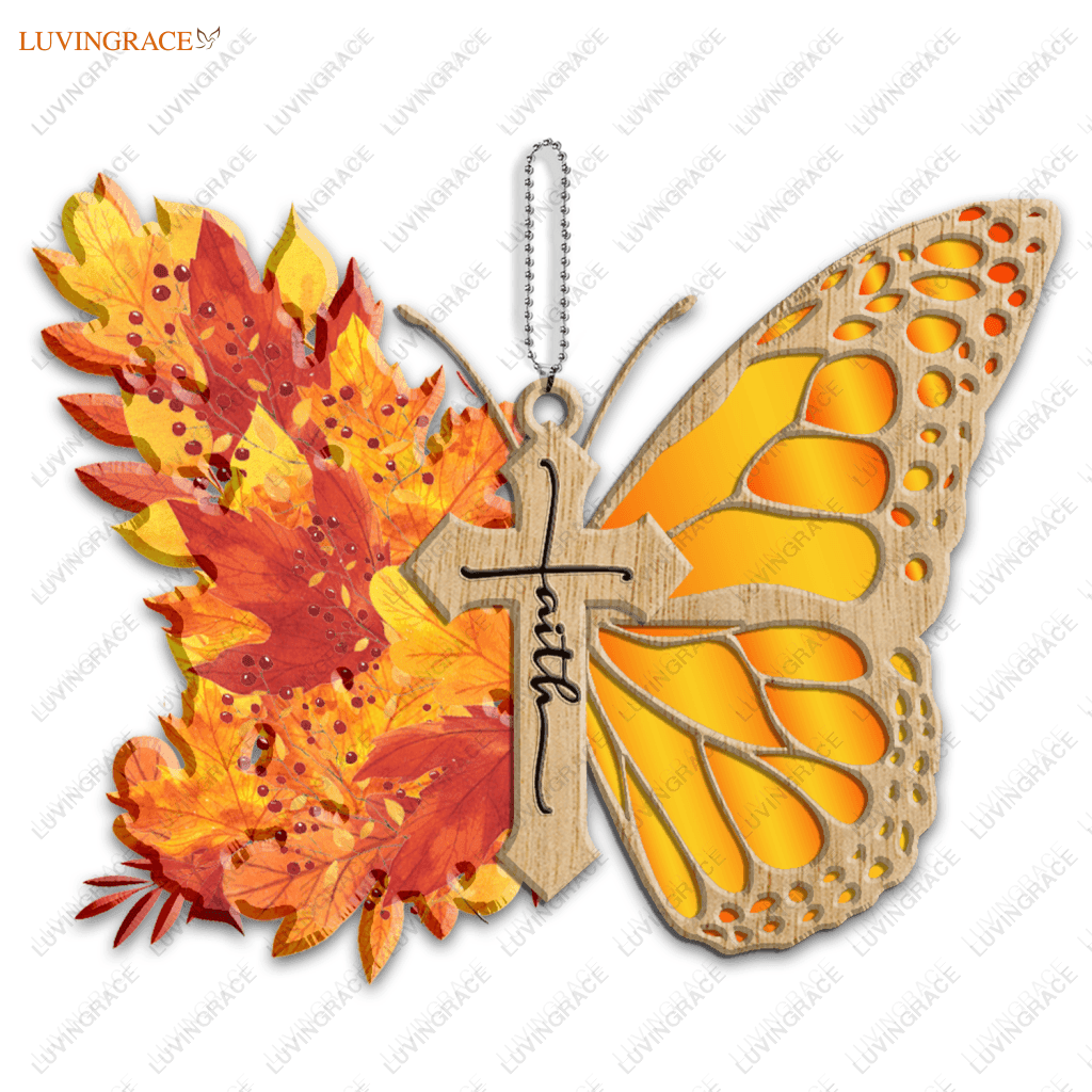 Autumn Maple Floral Butterfly Faith Cross Jesus Christian Lover Wood Engraved Ornaments Wooden