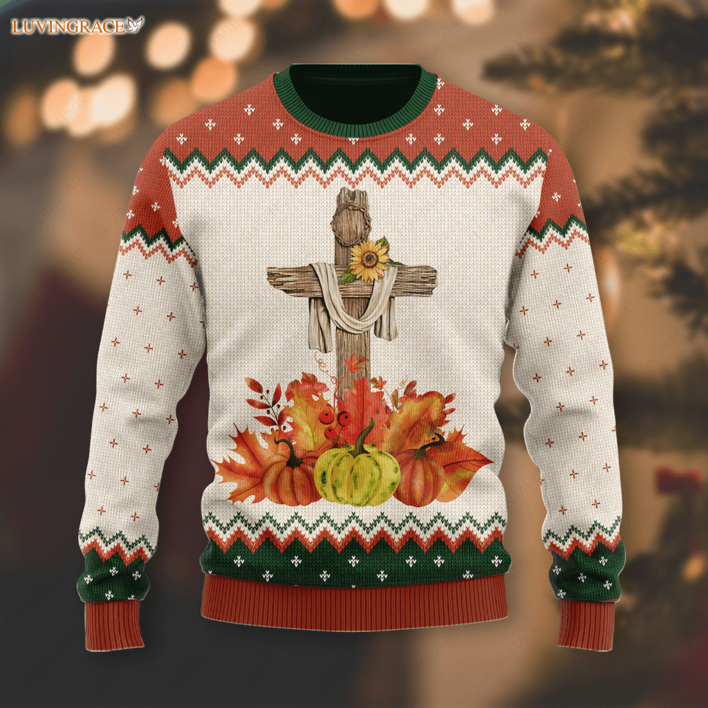 Autumn Pumpkin Floral Cross Wool Knitted Pattern Fall For Christ He Never Leaves Ugly Sweater S