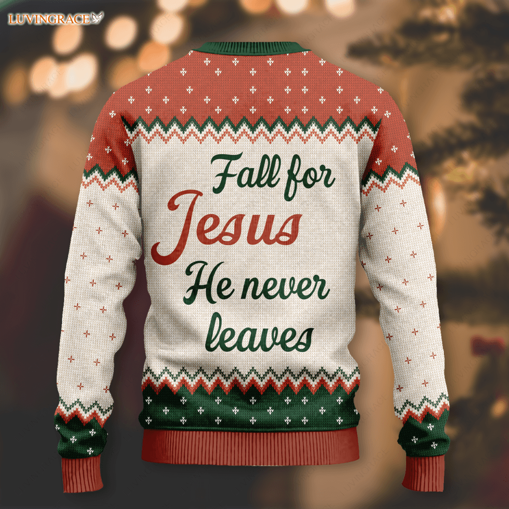 Autumn Pumpkin Floral Cross Wool Knitted Pattern Fall For Christ He Never Leaves Ugly Sweater