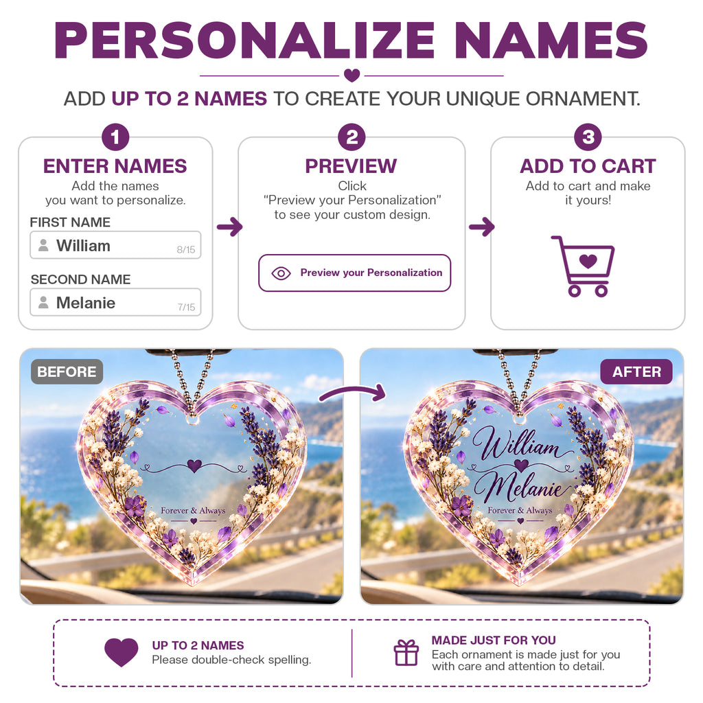 Personalized Names Lavender Love Heart Ornament - Romantic Gift for Couple