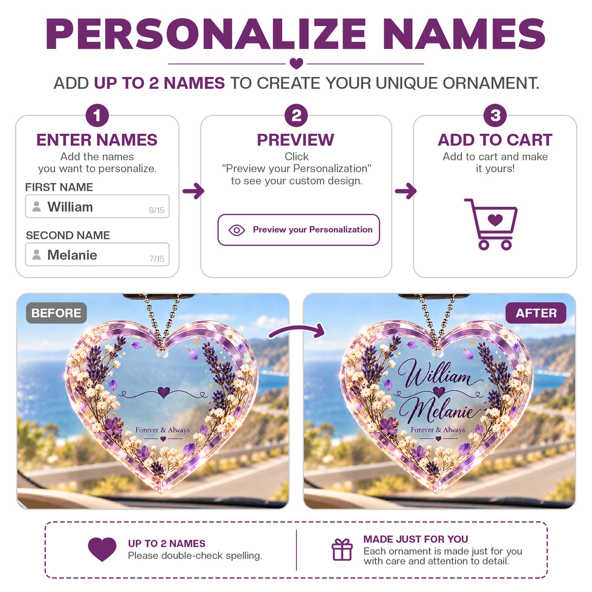 Personalized Names Lavender Love Heart Ornament - Romantic Gift for Couple