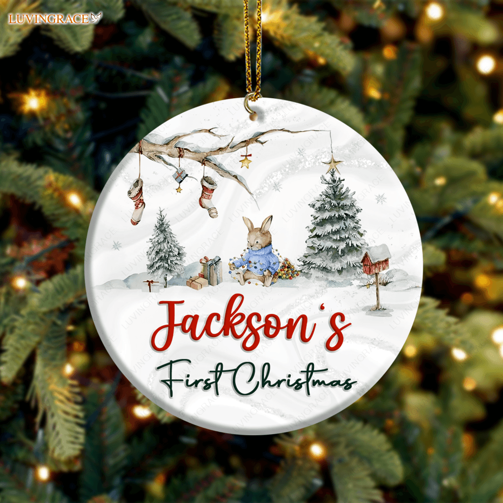 Baby Rabbit In Forest First Christmas Personalized Ornament Ceramic