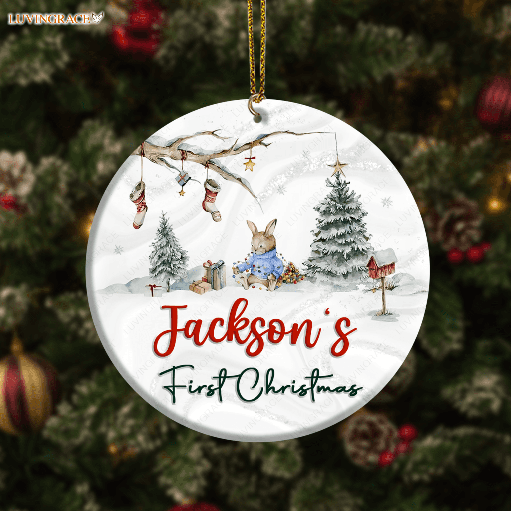 Baby Rabbit In Forest First Christmas Personalized Ornament Ceramic