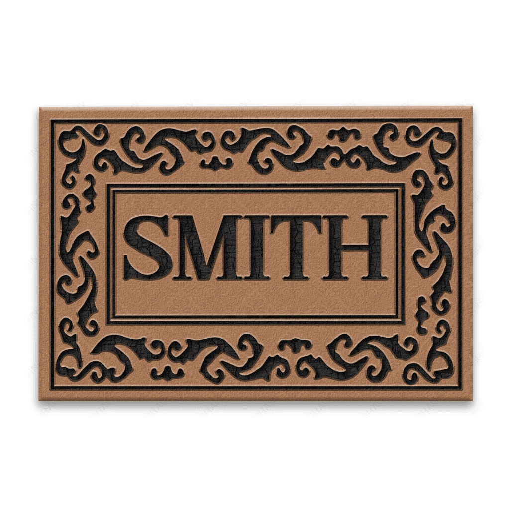 Black Rolling Scrolls Bordered Personalized Family Name Doormat