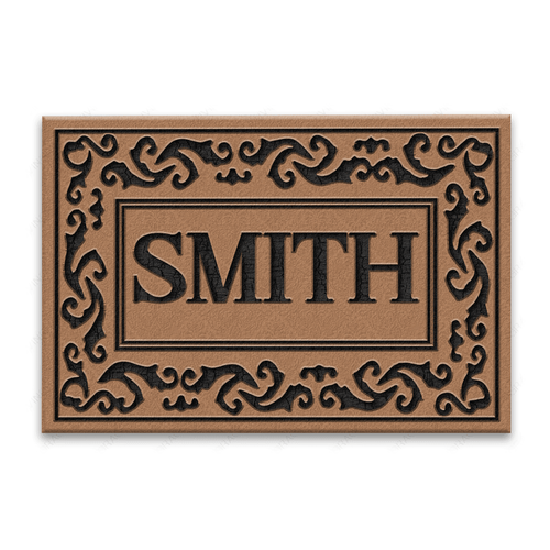 Black Rolling Scrolls Bordered Personalized Family Name Doormat