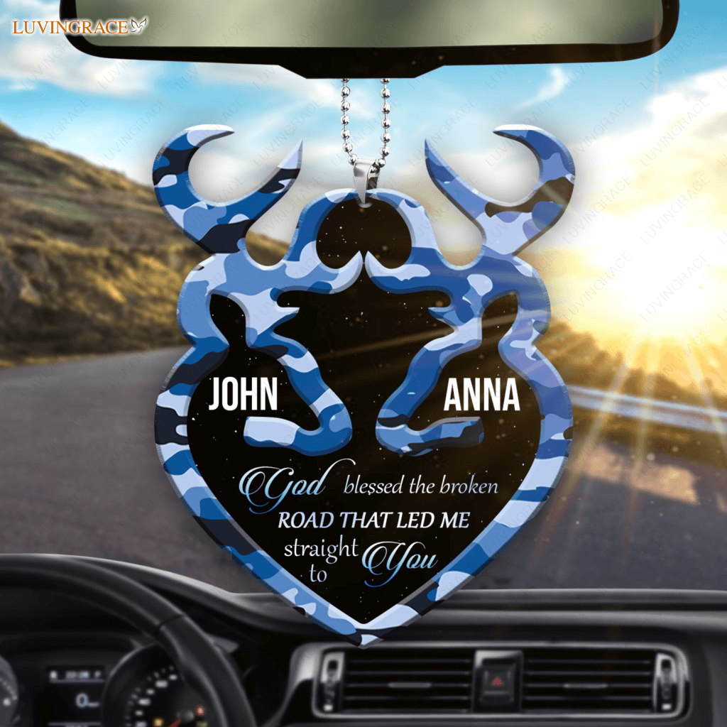 Blue Camo Personalized Buck And Doe Cross God Blessed Ornament