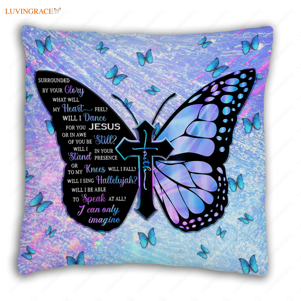 Blue Hologram Faith Cross Butterfly Surrounded By The Glory Pillow