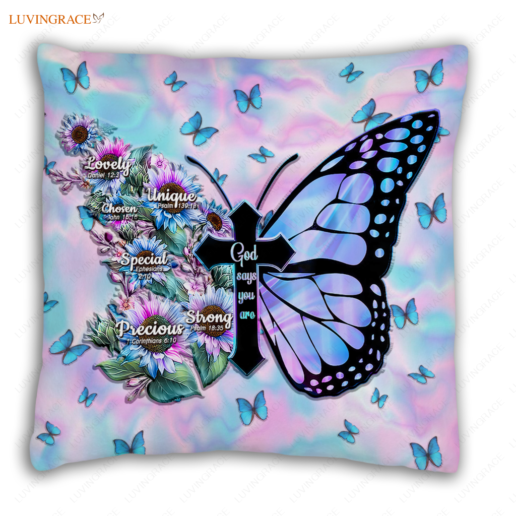 Blue Hologram Sunflower Cross Butterfly God Says You Are Pillow