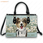 Blue White Daisy Flower Pet Digital Painting Portrait - Personalized Custom Leather Bag Handbags