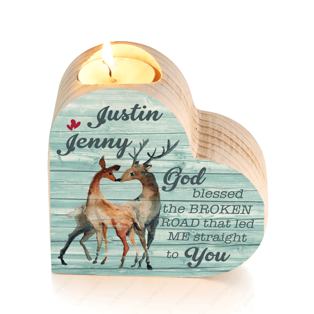 Blue Wood Deer Couple God Blessed Personalized Candle Holder
