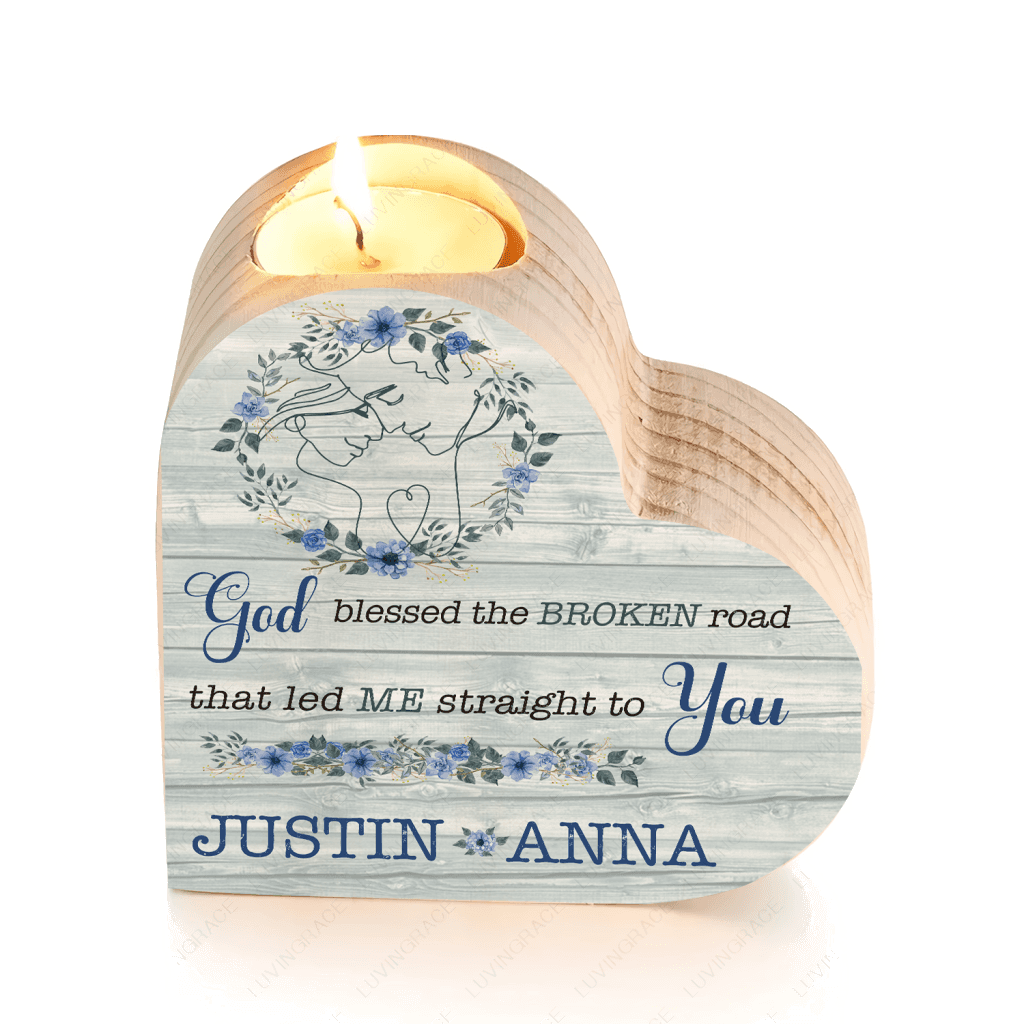 Blue Wood Flower Couple Line Art God Blessed Personalized Candle Holder