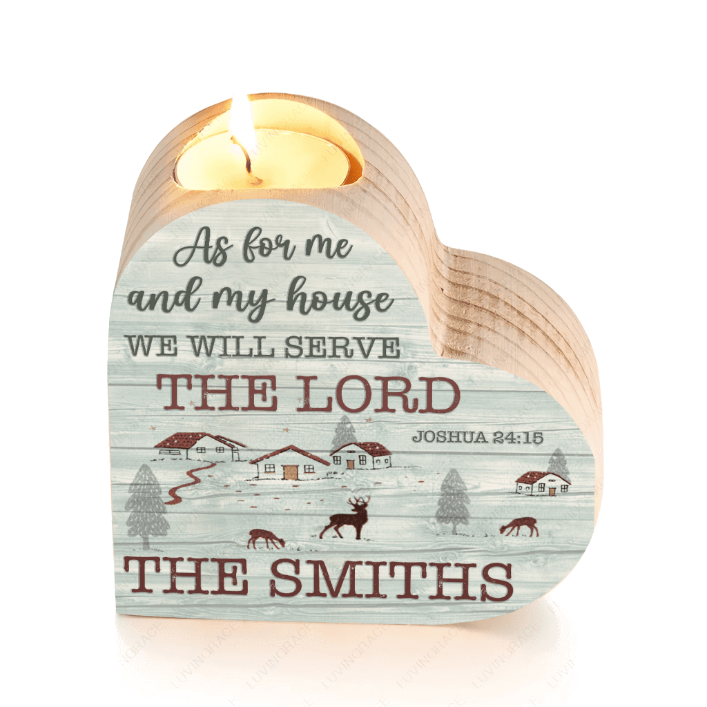 Blue Wood Home And Deer As For Me And My House Personalized Candle Holder