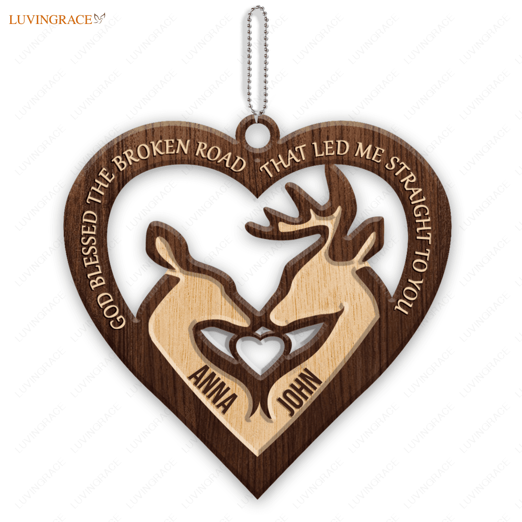 Buck And Doe Heart God Blessed Personalized Wood Engraved Ornaments Wooden Ornament