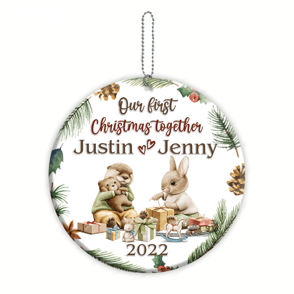 Bunny And Otter Couple Pine Floral Our First Christmas Together Personalized Ornament