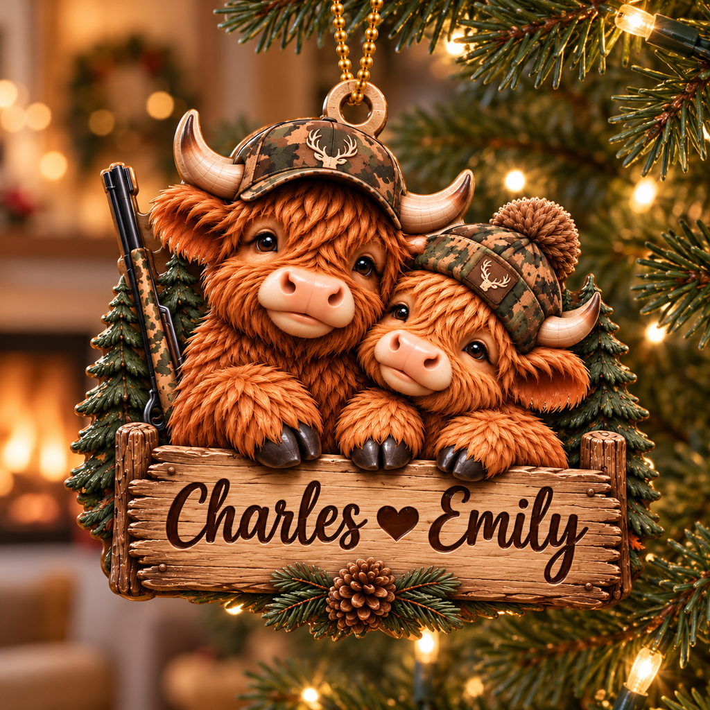 Personalized Names Highland Cow Couple 3D Ornament – Hunting Lovers Gift