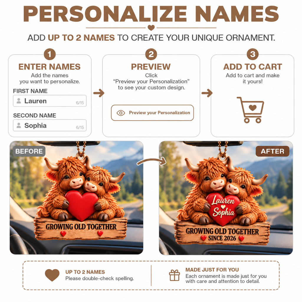 Personalized Names Highland Cow Couple 3D Ornament – Growing Old Together
