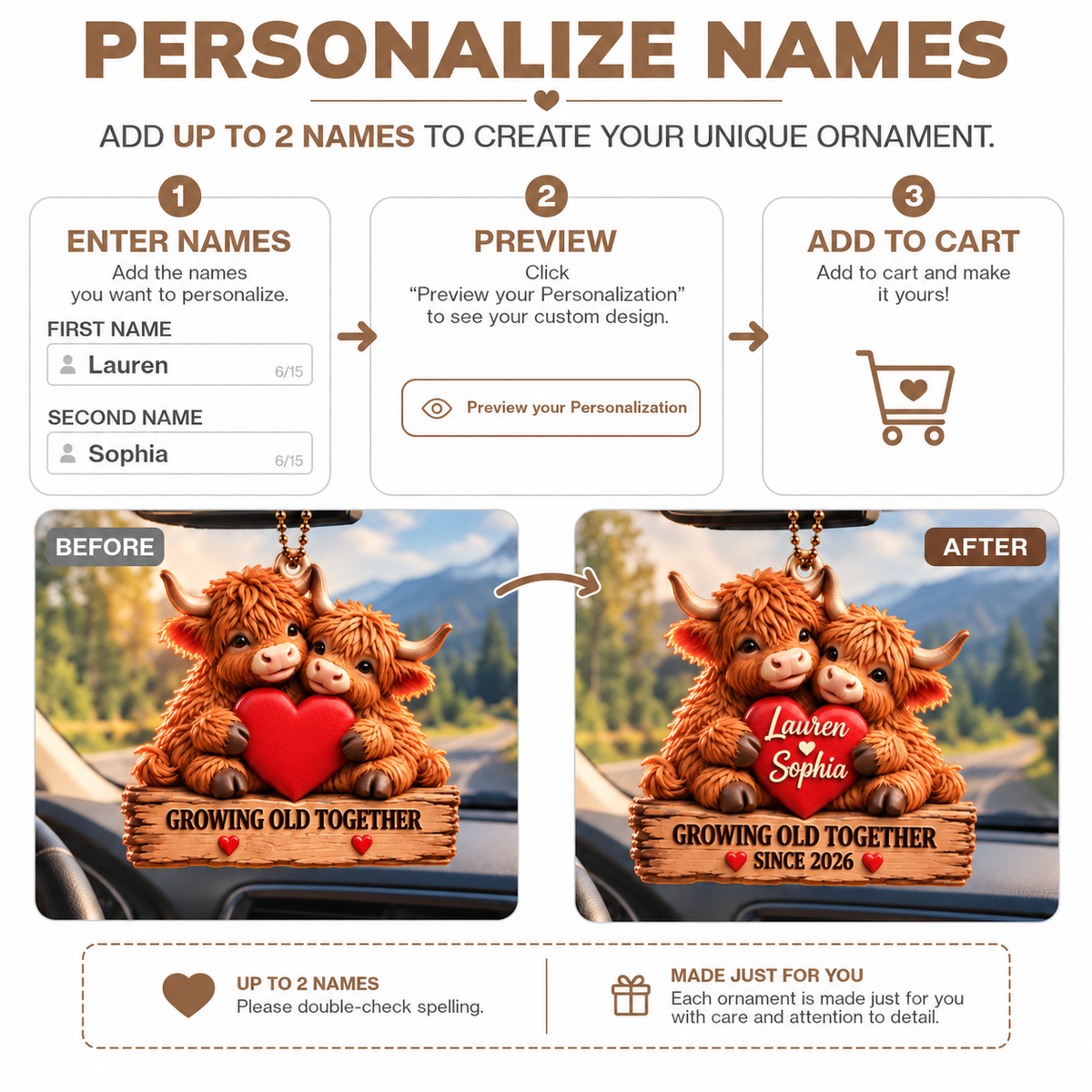 Personalized Names Highland Cow Couple 3D Ornament – Growing Old Together