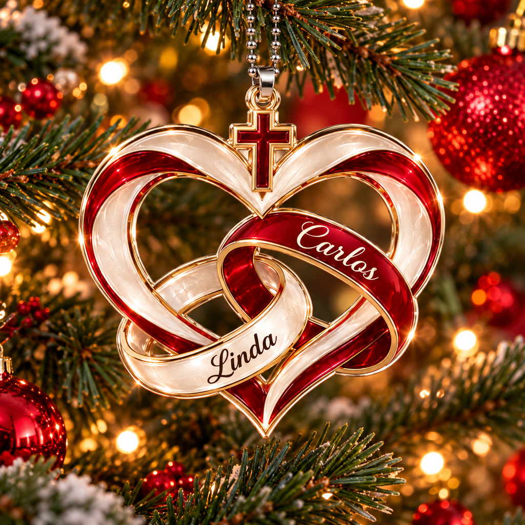 Personalized Names Cross Heart Ornament – Christian Couple Gift