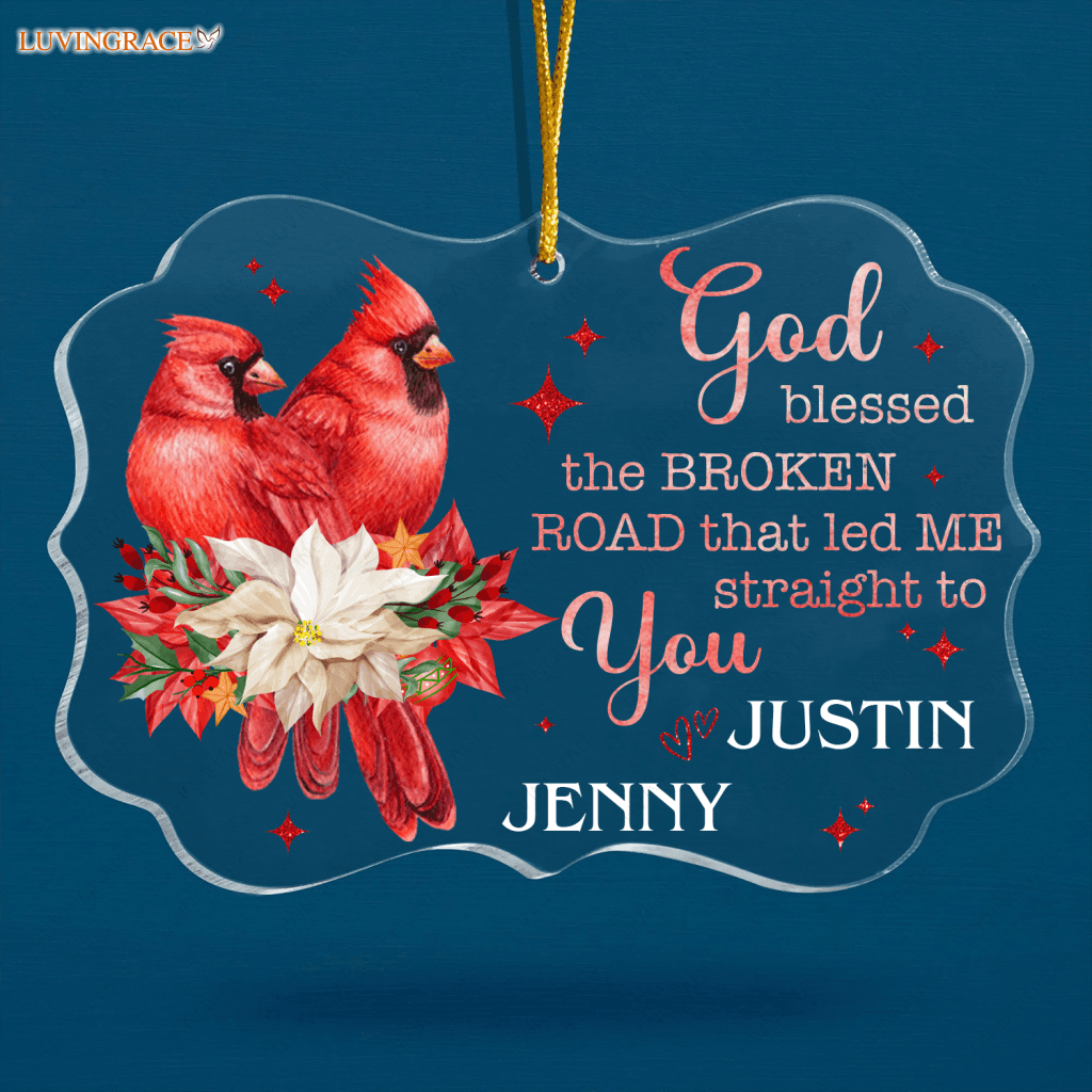 Cardinal Couple Poinsettia God Blessed Personalized Transparent Ornament
