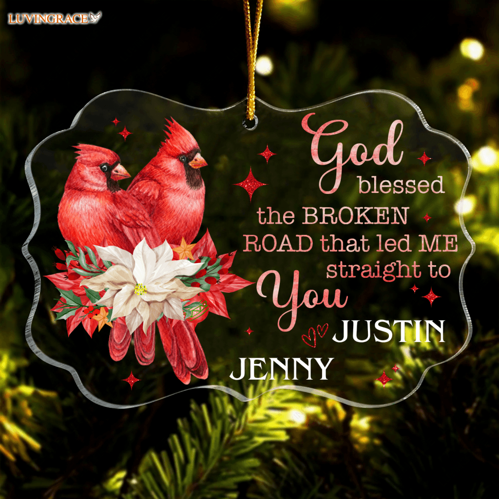 Cardinal Couple Poinsettia God Blessed Personalized Transparent Ornament