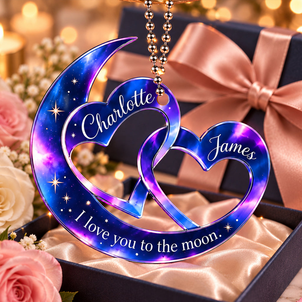Personalized Names Moon & Interlocking Hearts Ornament – Romantic Gift for Couple