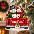 Personalized Snowman Family Christmas Truck 3D Ornament – Custom Names & Family Name Christmas Gift
