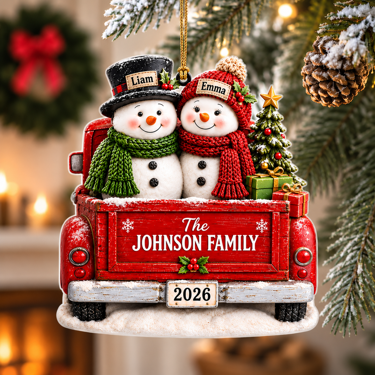 Personalized Snowman Family Christmas Truck 3D Ornament – Custom Names & Family Name Christmas Gift