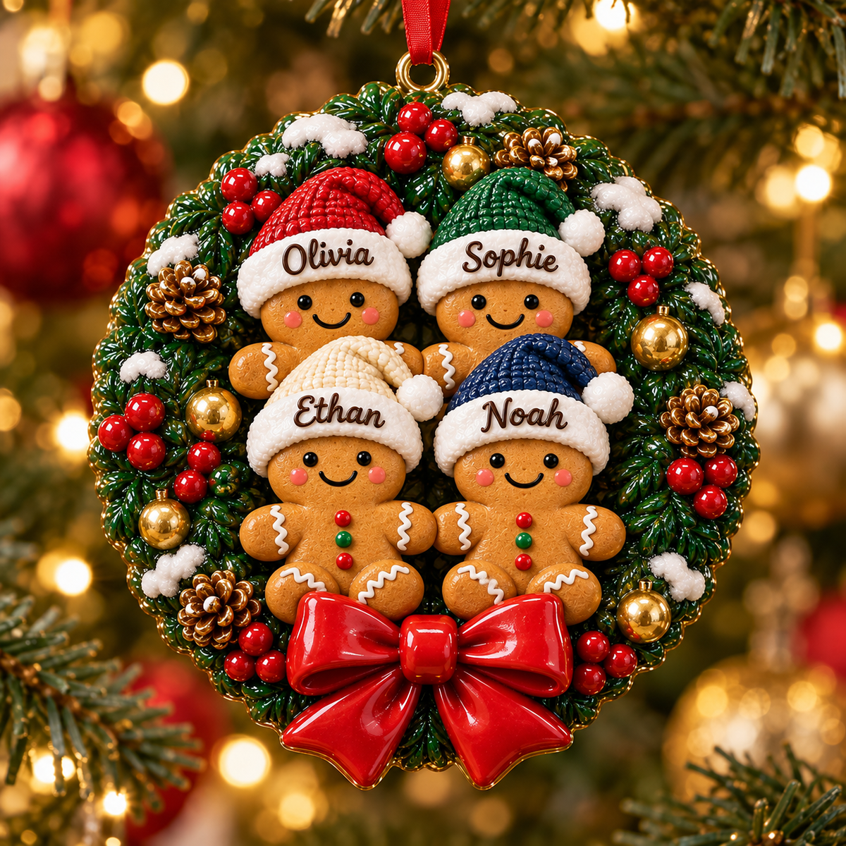 Personalized Gingerbread Family Christmas Wreath 3D Ornament – Custom Names Christmas Gift