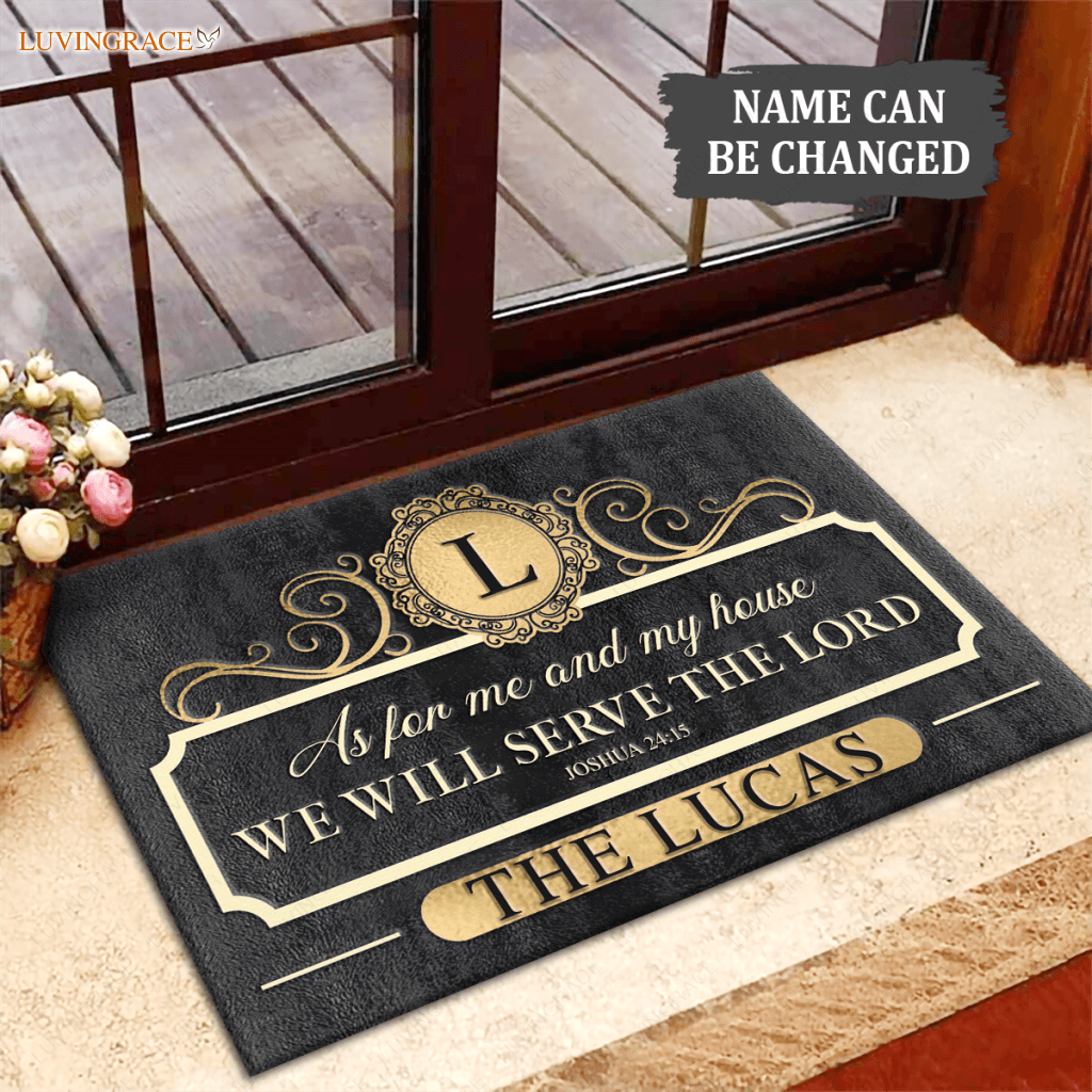 Charcoal Gold Family Home Serve The Lord Personalized Doormat