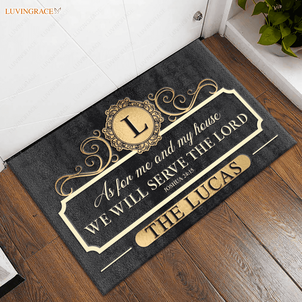 Charcoal Gold Family Home Serve The Lord Personalized Doormat