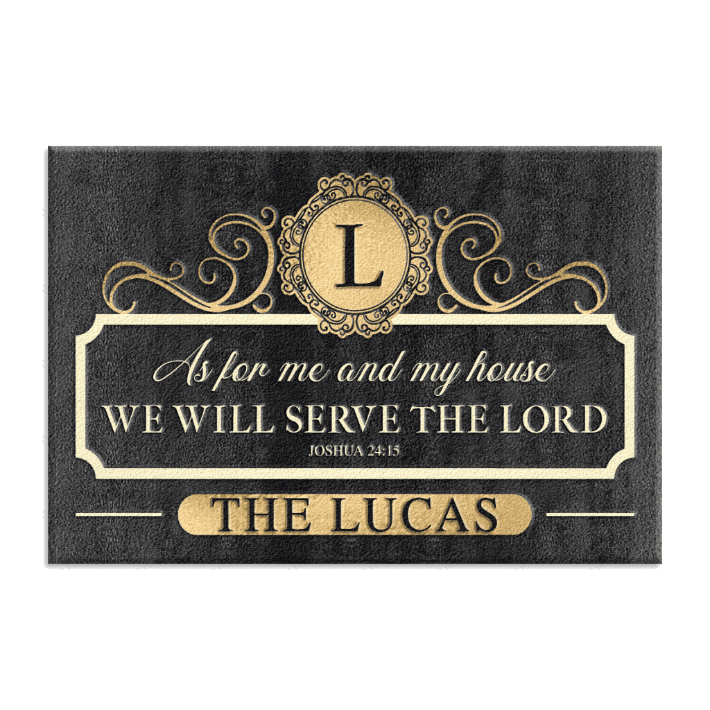 Charcoal Gold Family Home Serve The Lord Personalized Doormat