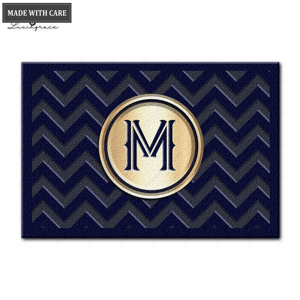 Cheveron Blue Monogram Personalized Doormat