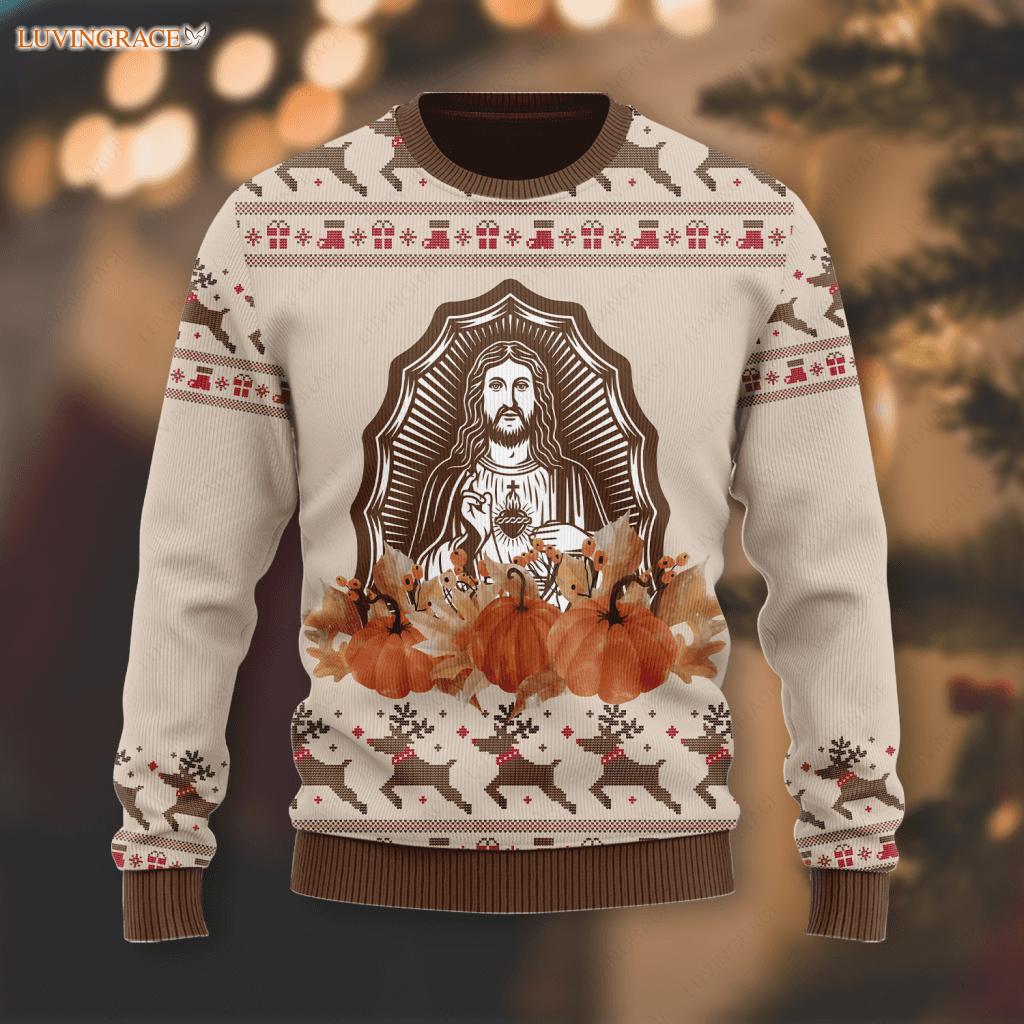 Christ God Pumpkin Maple Flower Wool Knitted Pattern Ugly Sweater S Sweatshirt