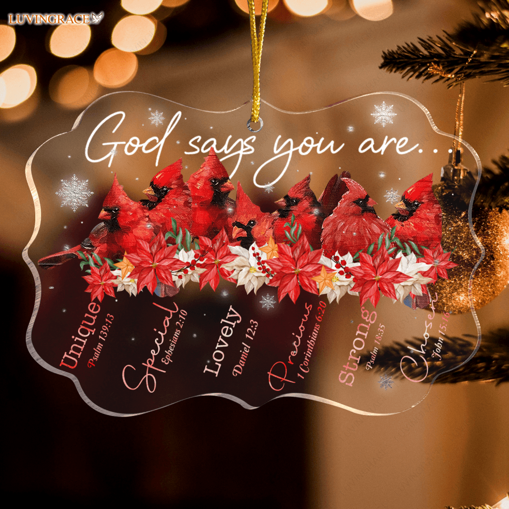 Christmas Cardinal Birds And Poinsettia Flowers God Says You Are Transparent Ornament