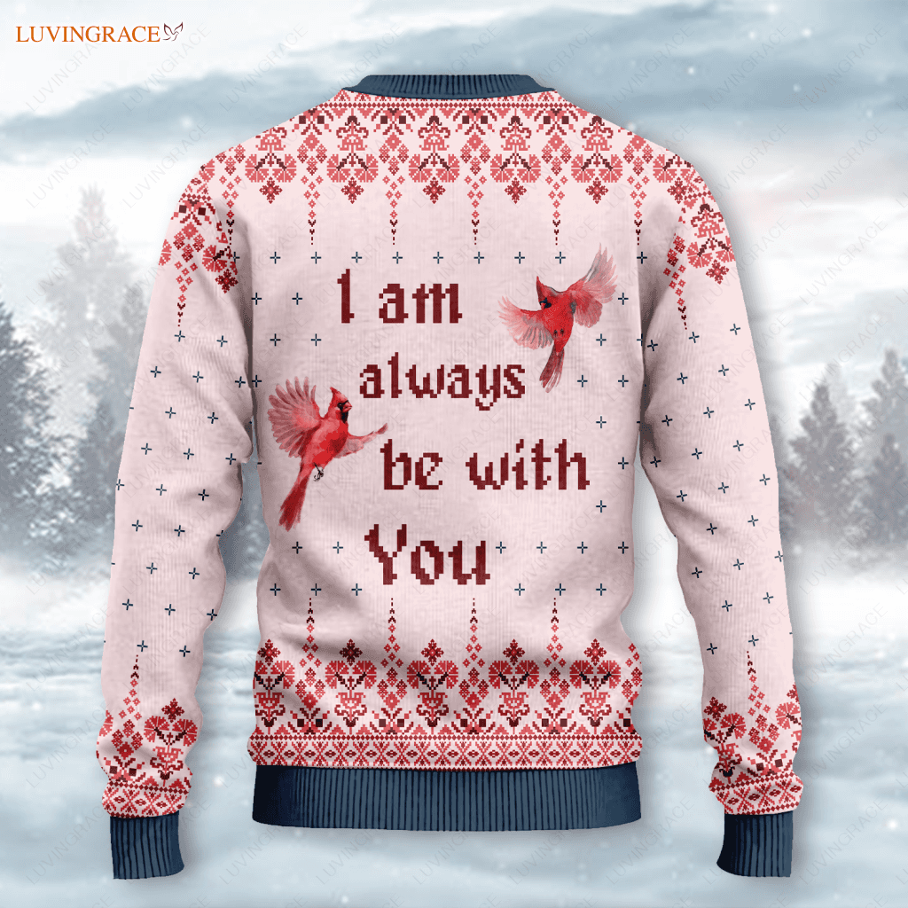 Christmas Cardinal Floral Wool Knitted Pattern I Am Always Be With You Ugly Sweater Sweatshirt
