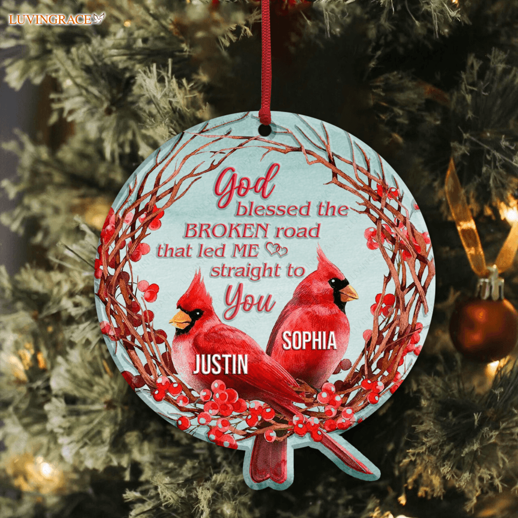 Christmas Floral Cardinal Couple God Blessed Personalized Ornament Ceramic
