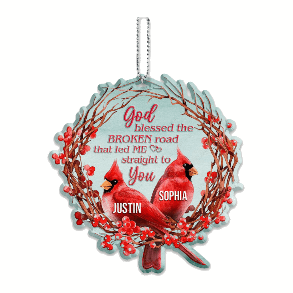 Christmas Floral Cardinal Couple God Blessed Personalized Ornament