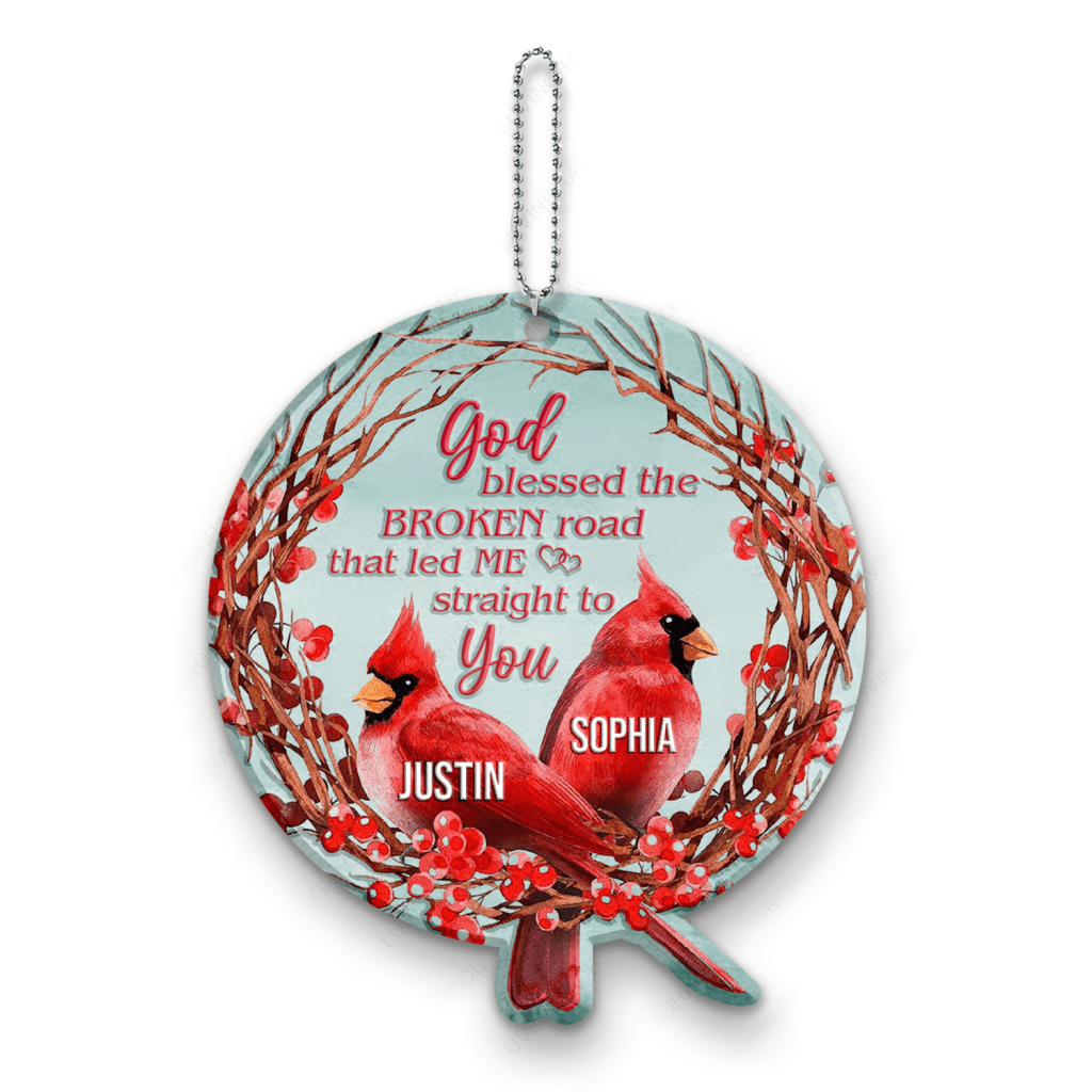 Christmas Floral Cardinal Couple God Blessed Personalized Ornament