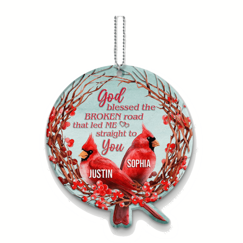 Christmas Floral Cardinal Couple God Blessed Personalized Ornament