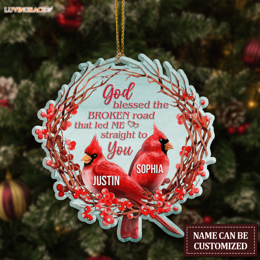 Christmas Floral Cardinal Couple God Blessed Personalized Ornament Option 2 Ceramic