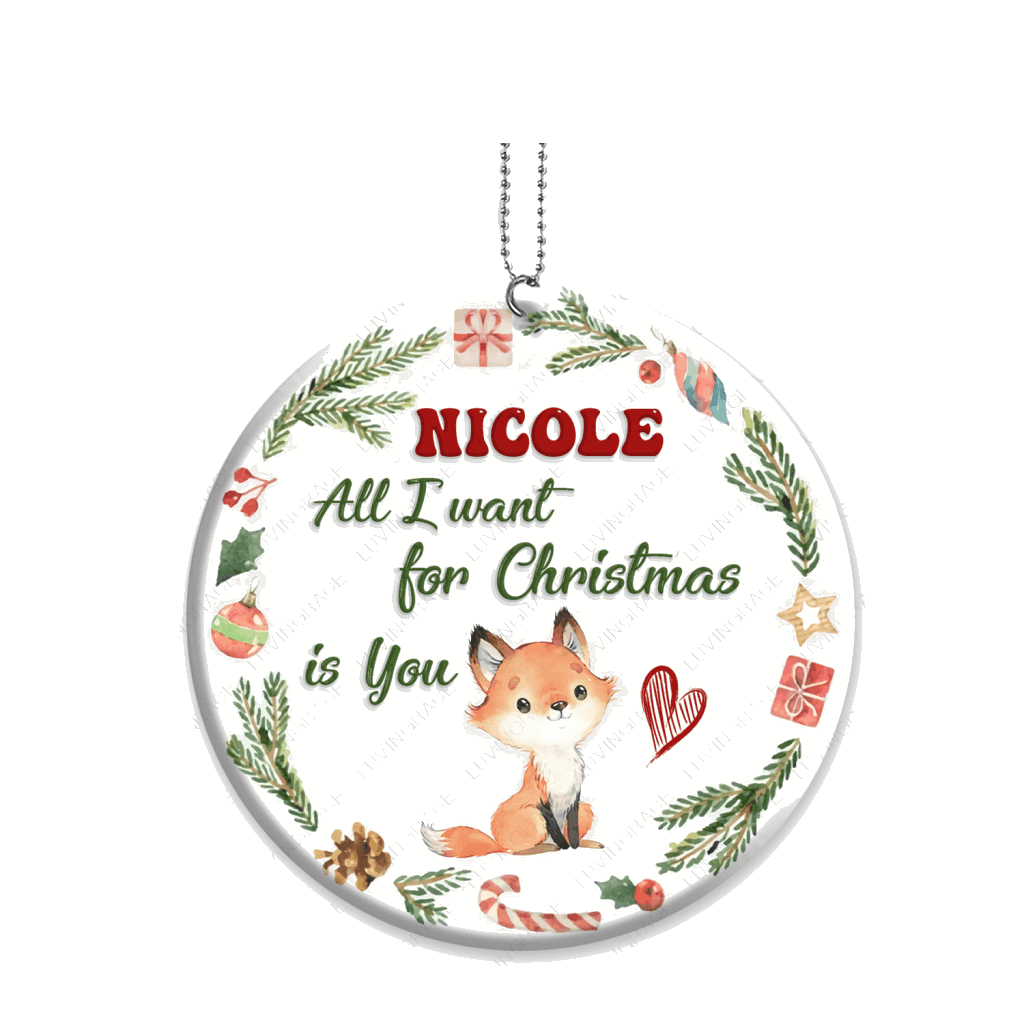 Christmas Frame Little Fox All I Want For Christmas Is You Baby Name Personalized Ornament
