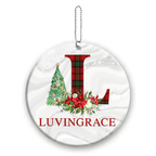Christmas Poinsettia And Pine Red Green Plaid First Letter And Name Personalized Ornament