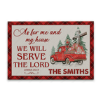 Christmas Red Tartan Truck Pine Cross As For Me And My House Personalized Doormat