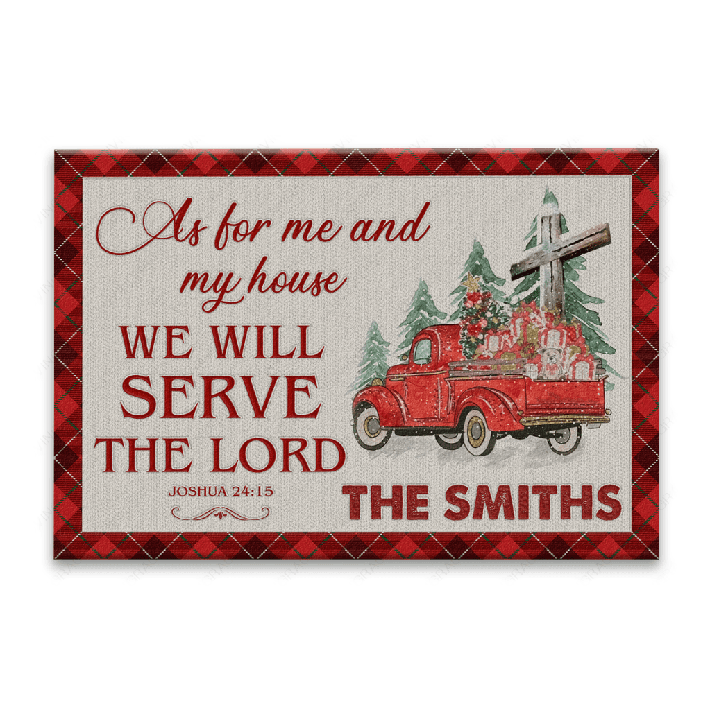 Christmas Red Tartan Truck Pine Cross As For Me And My House Personalized Doormat
