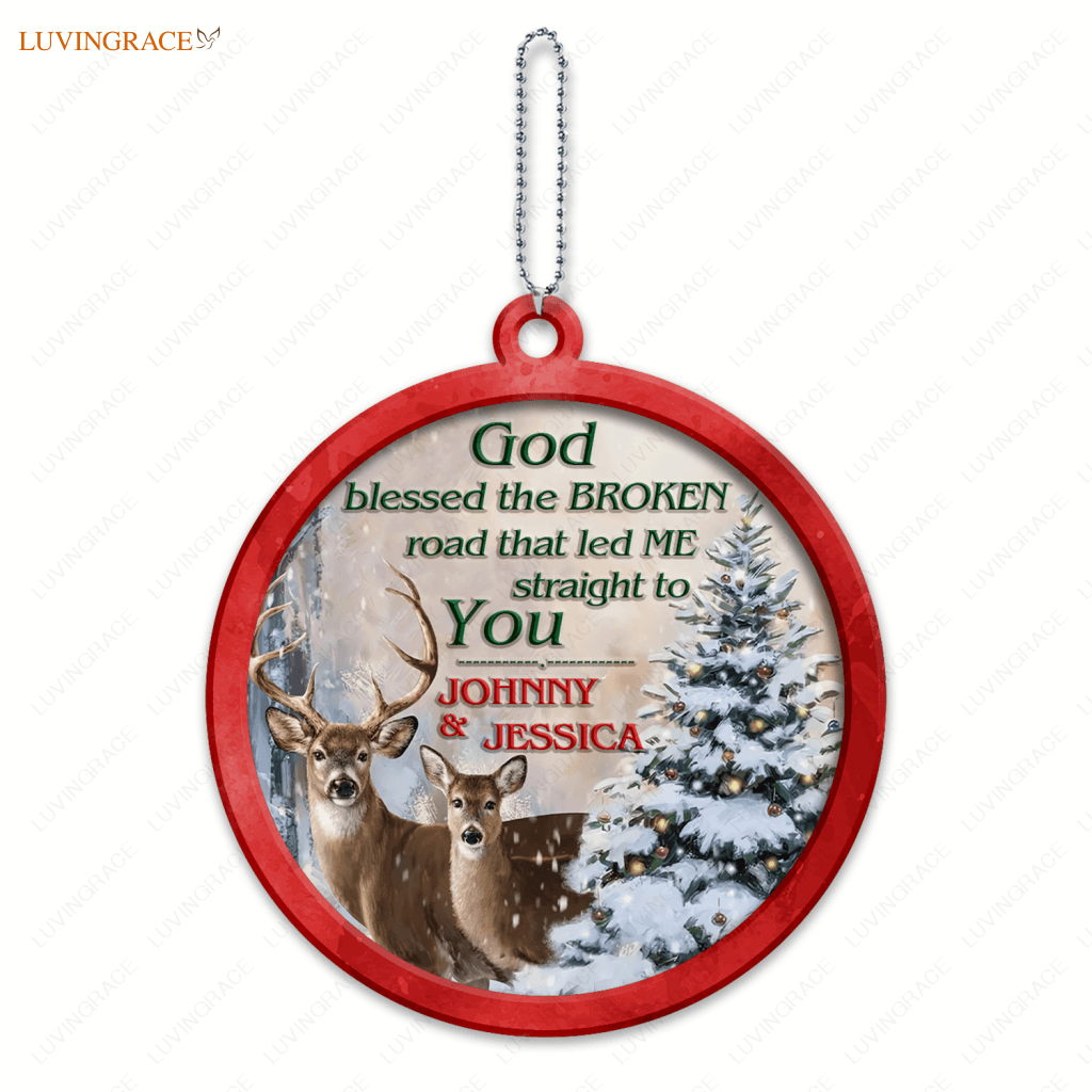 Christmas Snow Forest Deer Couple God Blessed Personalized Ornament Ceramic